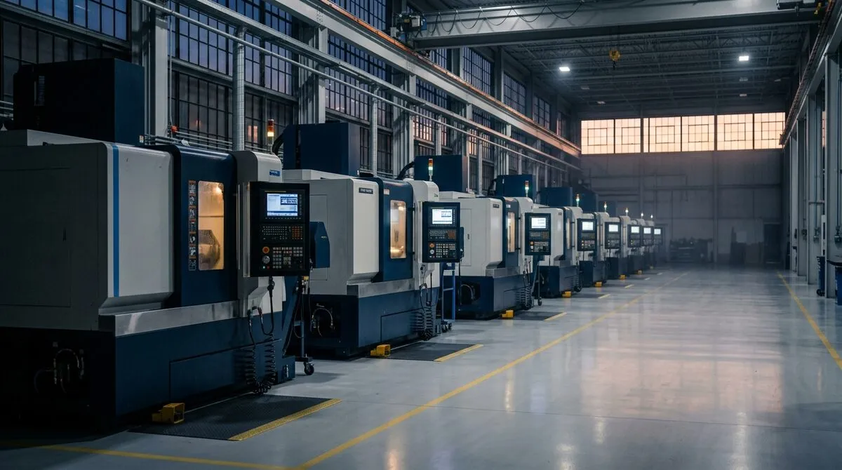 Row of CNC machine tools on a clean shop floor before the shift starts, control panels lit, the aisle receding into soft...