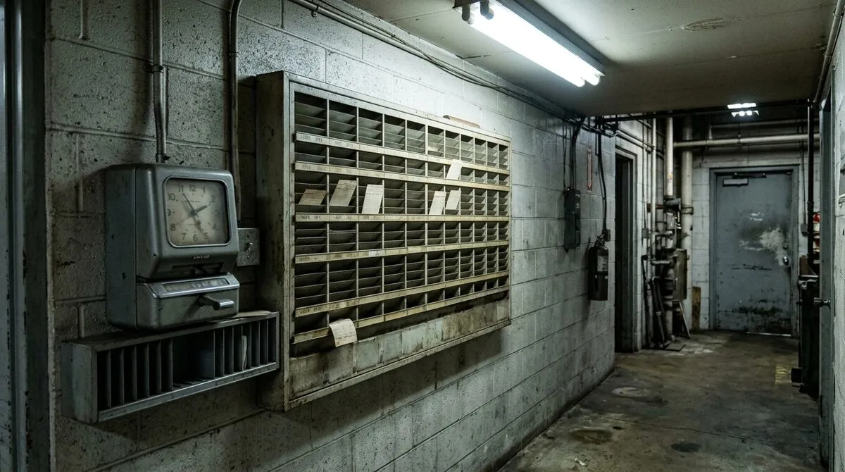 Shift board and time-clock wall in a machine shop corridor, most slots empty
