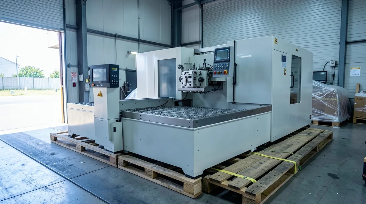 New CNC horizontal machining center with a pallet pool on shipping skids at a machine tool dealer loading dock