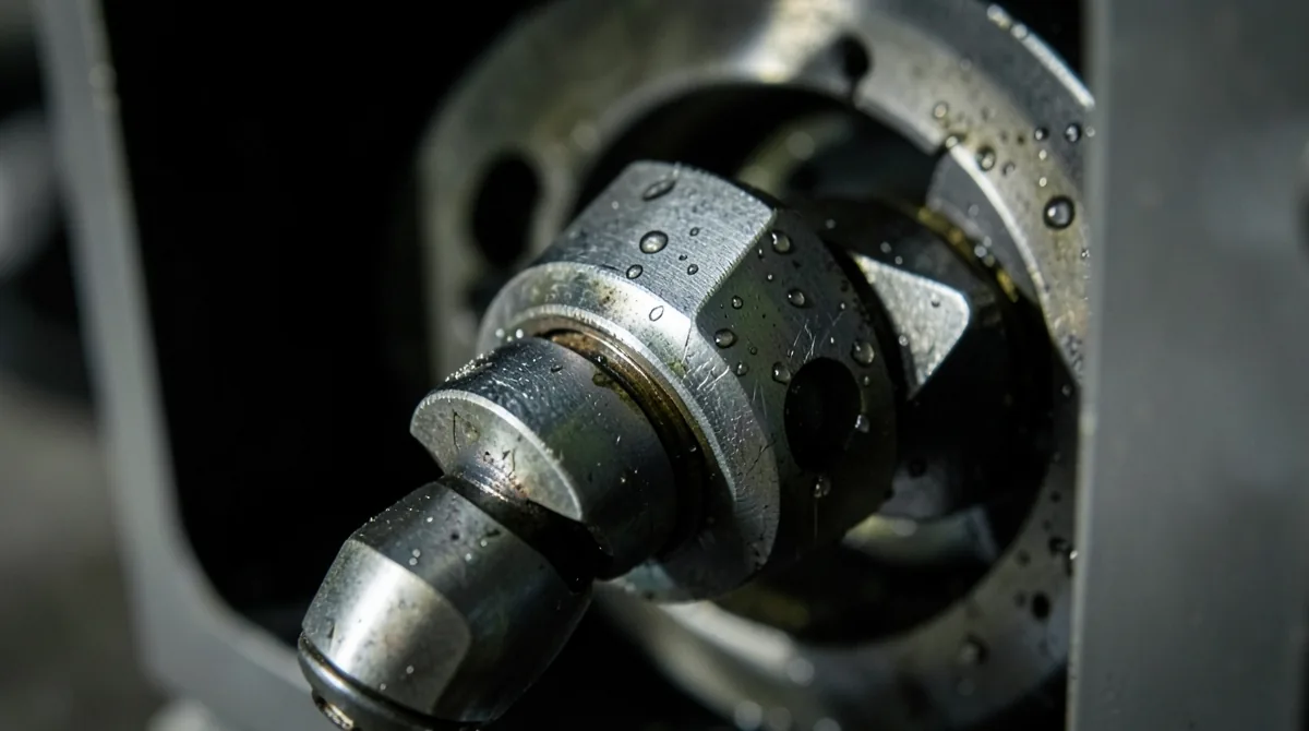 Close detail of a machining center spindle nose and tool holder inside the enclosure, coolant droplets on the steel