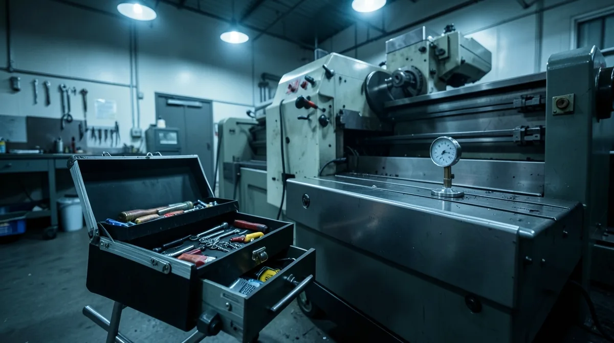 Service technician rolling toolbox parked beside a large CNC lathe in a quiet machine shop