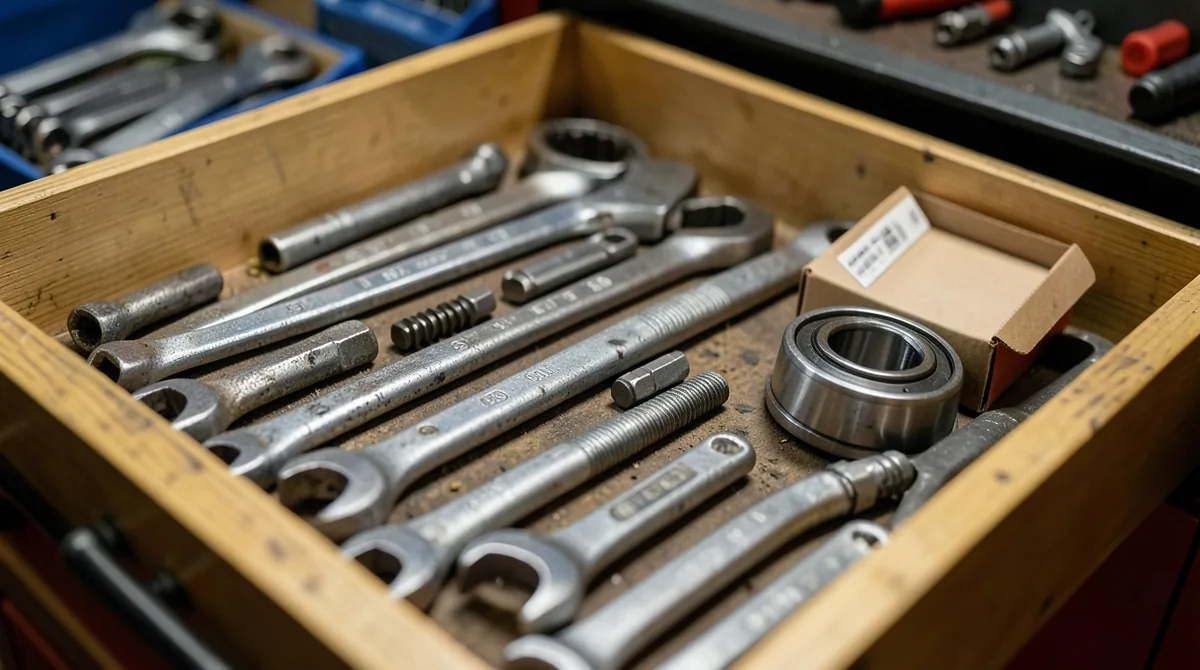 Open drawer of a service technician's toolbox with organized wrenches and a new spindle bearing in its box