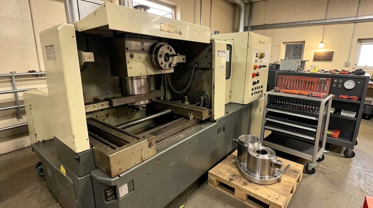 Older CNC vertical machining center in a repair bay with covers removed, a rebuilt spindle cartridge on a pallet beside it