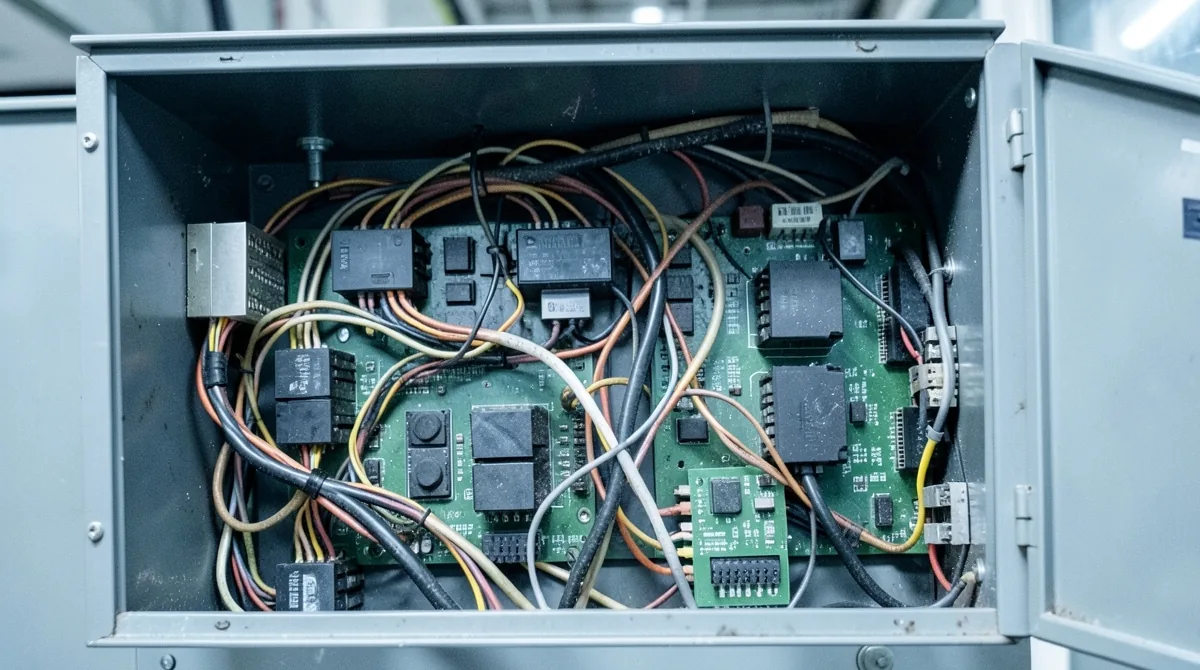 Open CNC control cabinet showing servo drives, wiring looms and circuit boards