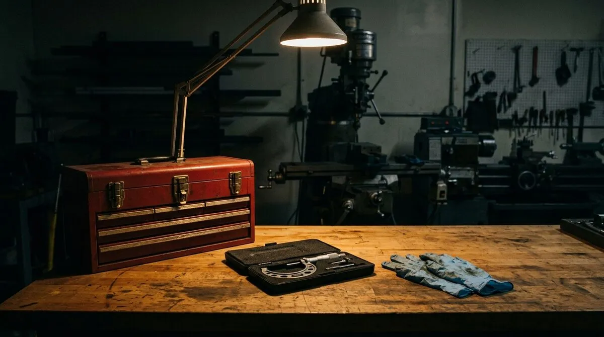 Empty machinist workstation: tool chest closed, micrometers and a folded pair of shop gloves left on the bench, the...