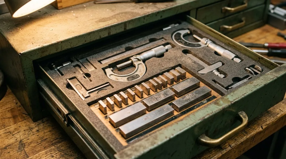 Open machinist tool chest drawer of precision instruments, micrometers and gauge blocks seated in foam, a fine layer of...