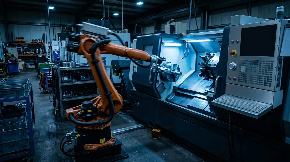 Robotic part-handling arm mid-motion beside a CNC lathe, the operator station next to it empty and its screen dark