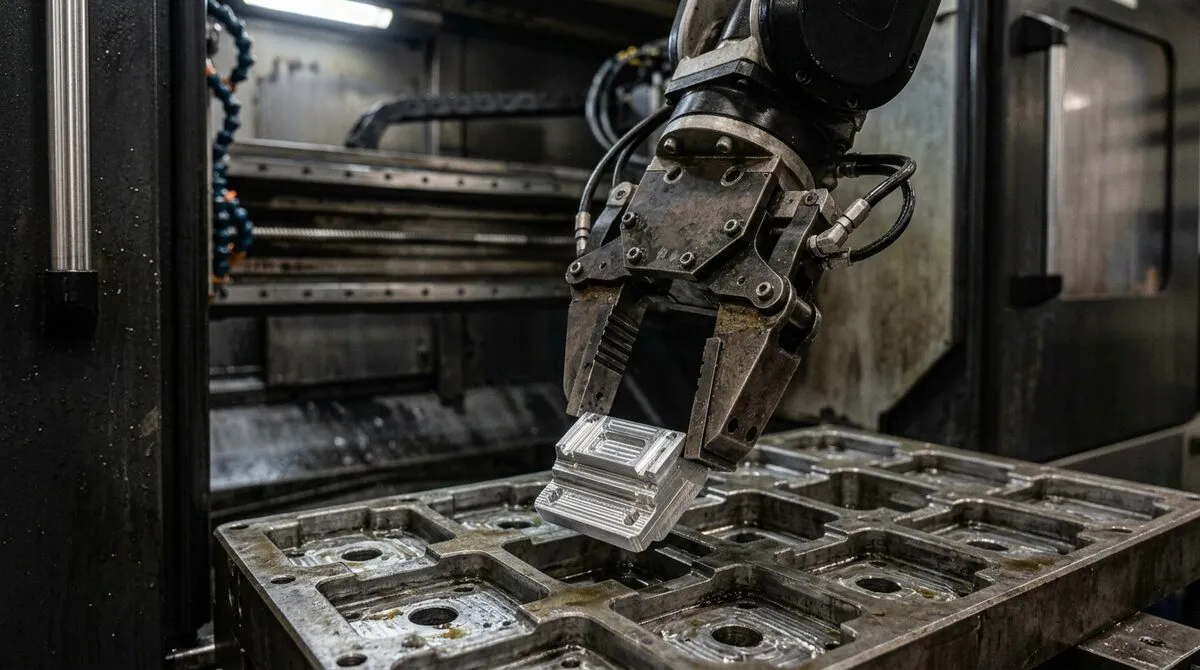 Robot gripper closing on a finished metal part at a machine door, parts nested in a tray below awaiting pickup